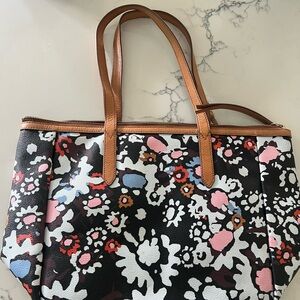 Fossil Leather Bag Floral Patterned Tote Bag with Tan Handles